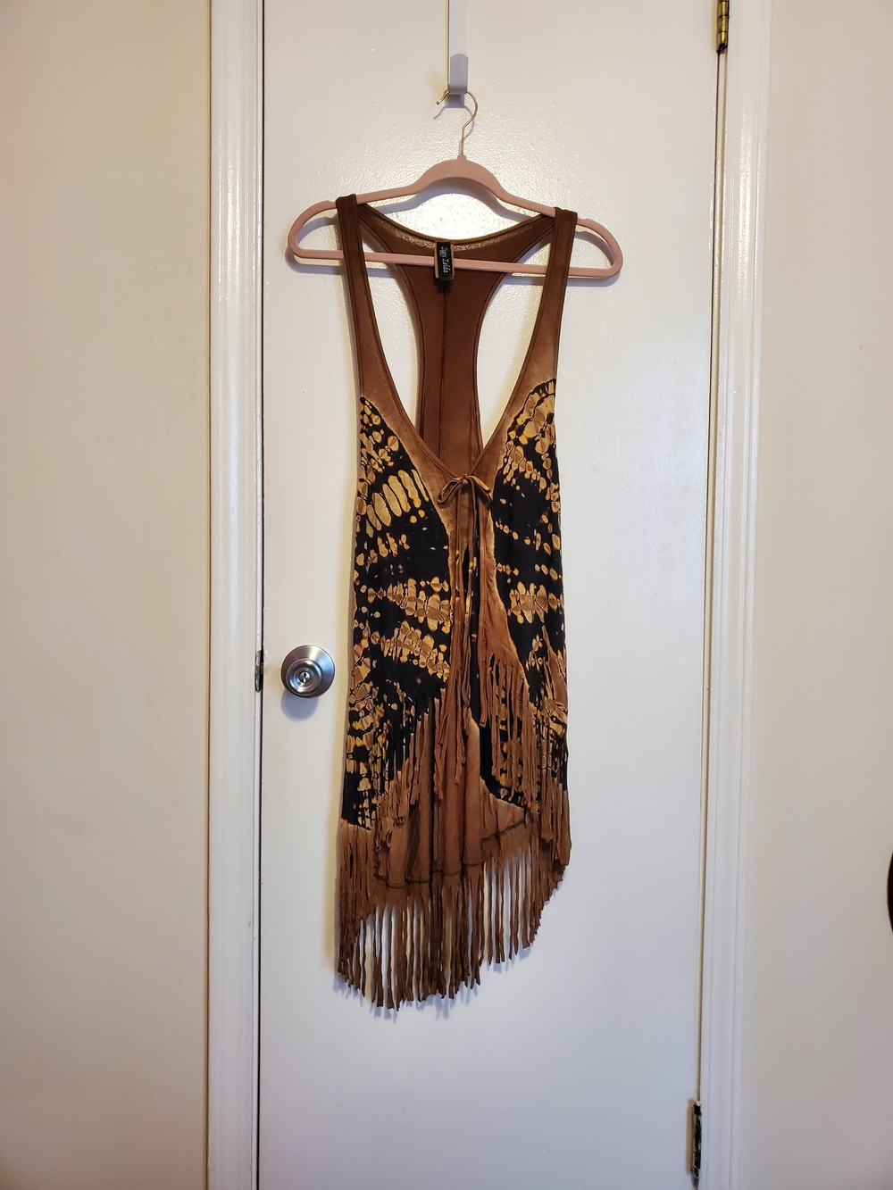Fringed Tie-Front Racerback Tank Top in Brown and Black